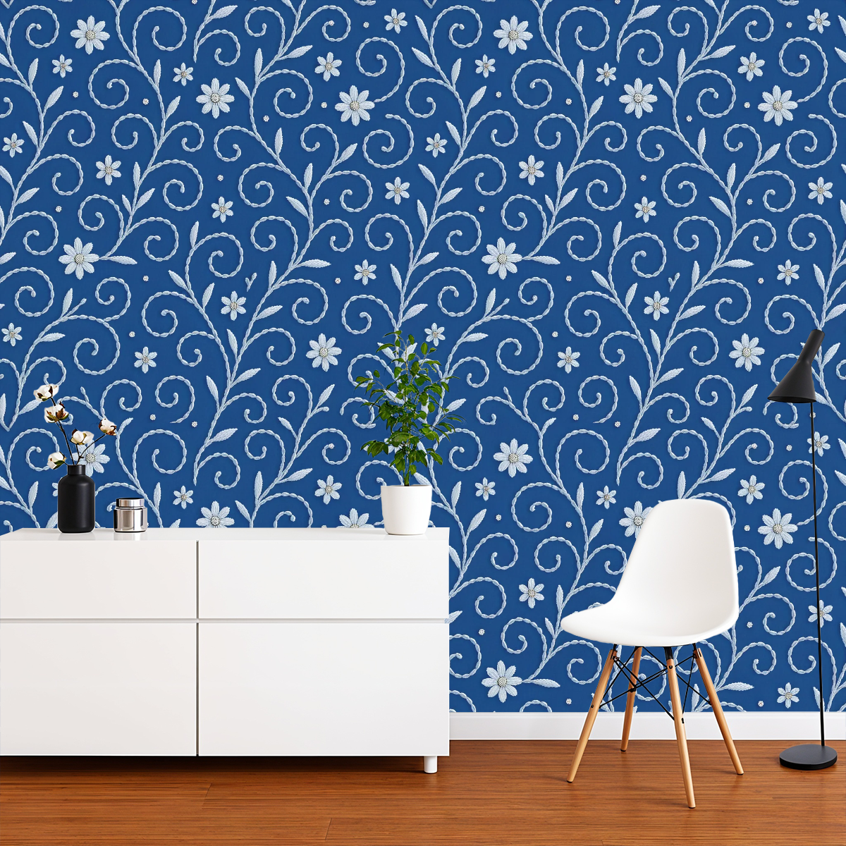 FS069 White Floral on Blue Seamless Pattern JPG