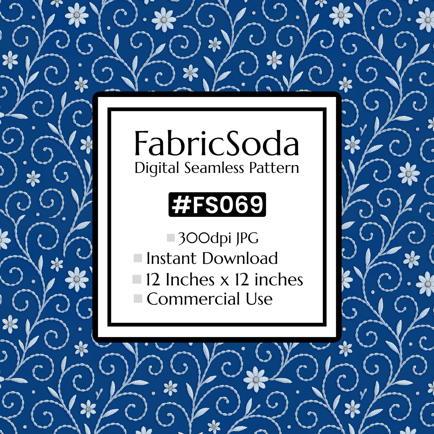 FS069 White Floral on Blue Seamless Pattern JPG