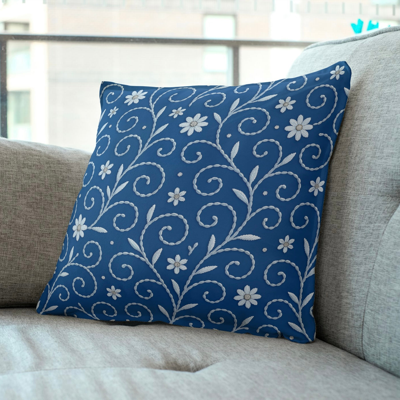 FS069 White Floral on Blue Cotton Printed Fabric