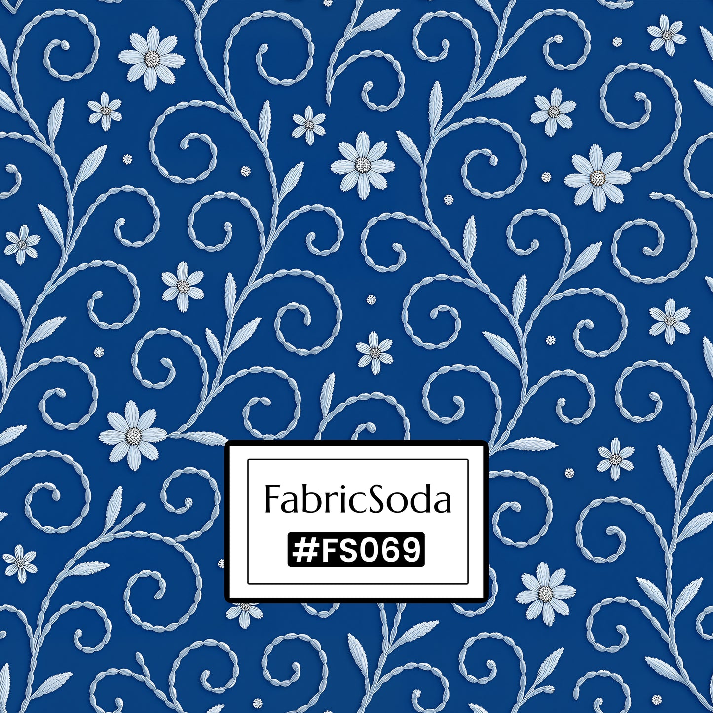 FS069 White Floral on Blue Cotton Printed Fabric