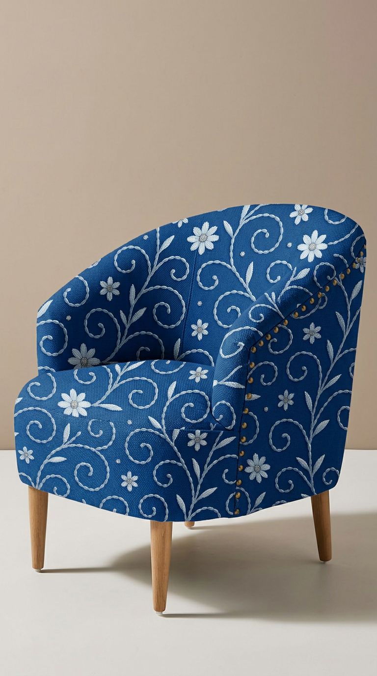 FS069 White Floral on Blue Printed Fabric