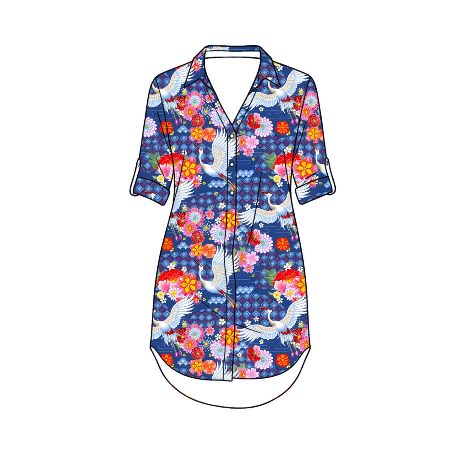 FS084 Japanese Style Crane Floral Cotton Printed Fabric