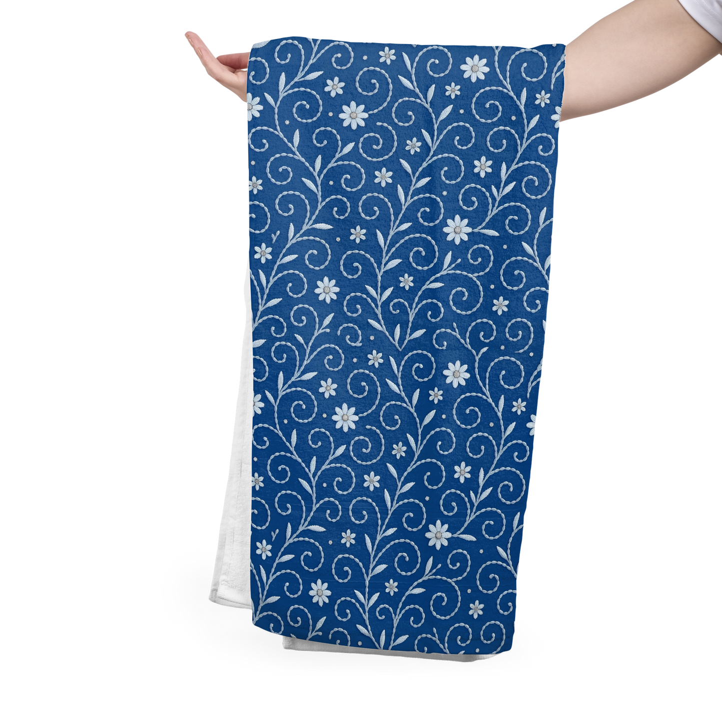 FS069 White Floral on Blue Cotton Printed Fabric