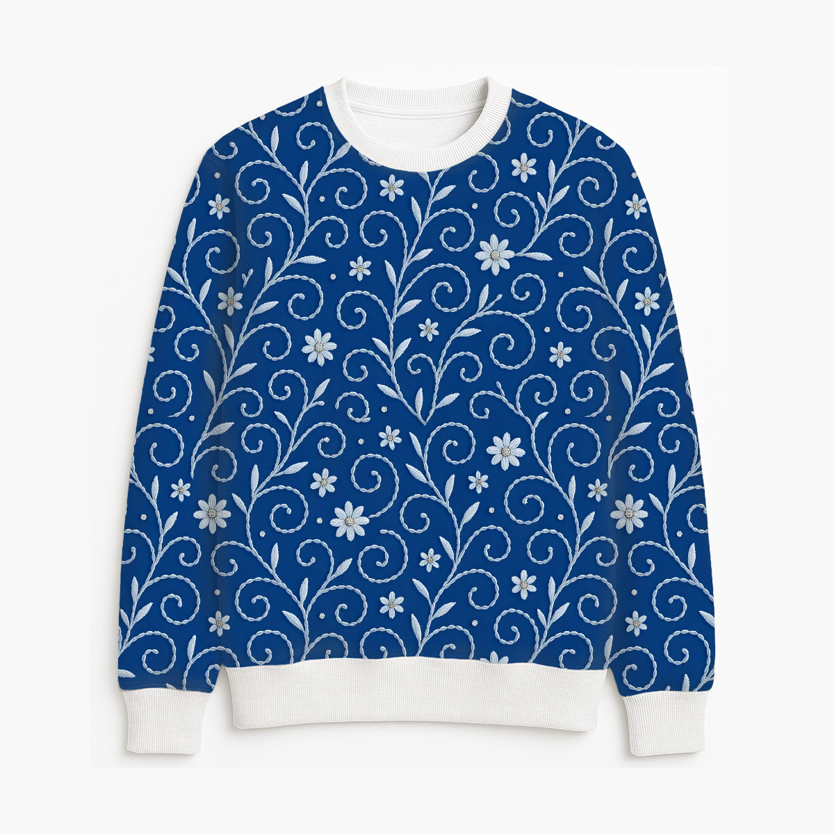 FS069 White Floral on Blue Seamless Pattern JPG