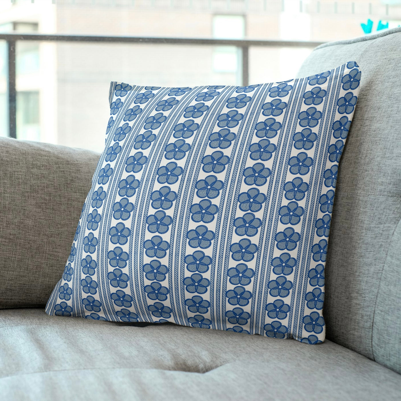 FS049 Blue Floral Stripe Cotton Printed Fabric Cotton canvas
