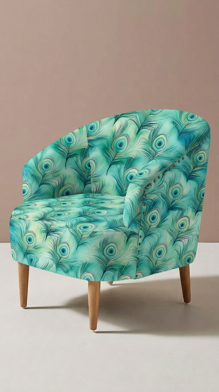 FS087 Soft Teal Peacock Feather Printed Fabric