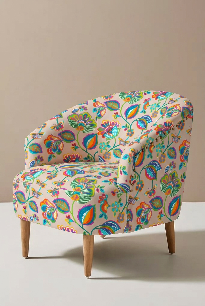 Colorful floral-patterned chair on a plain background