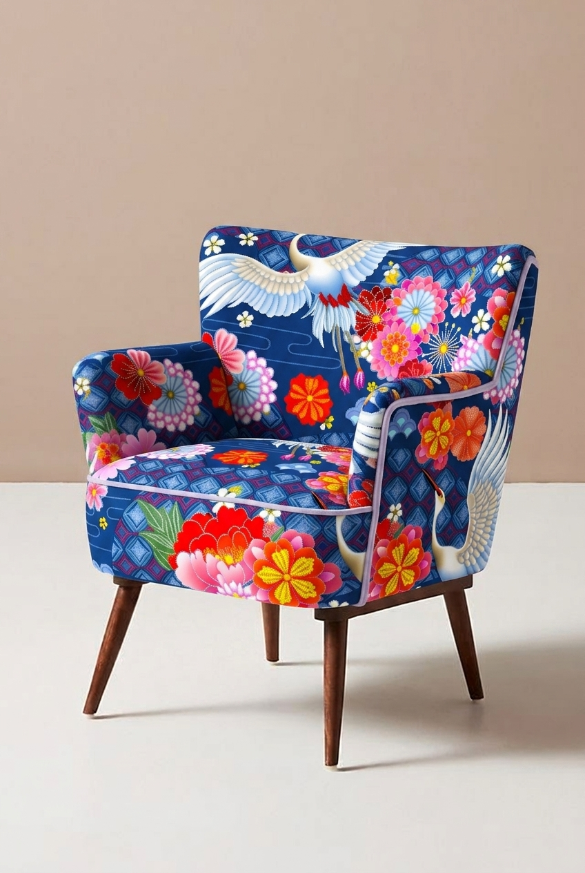 FS084 Japanese Style Crane Floral Printed Fabric