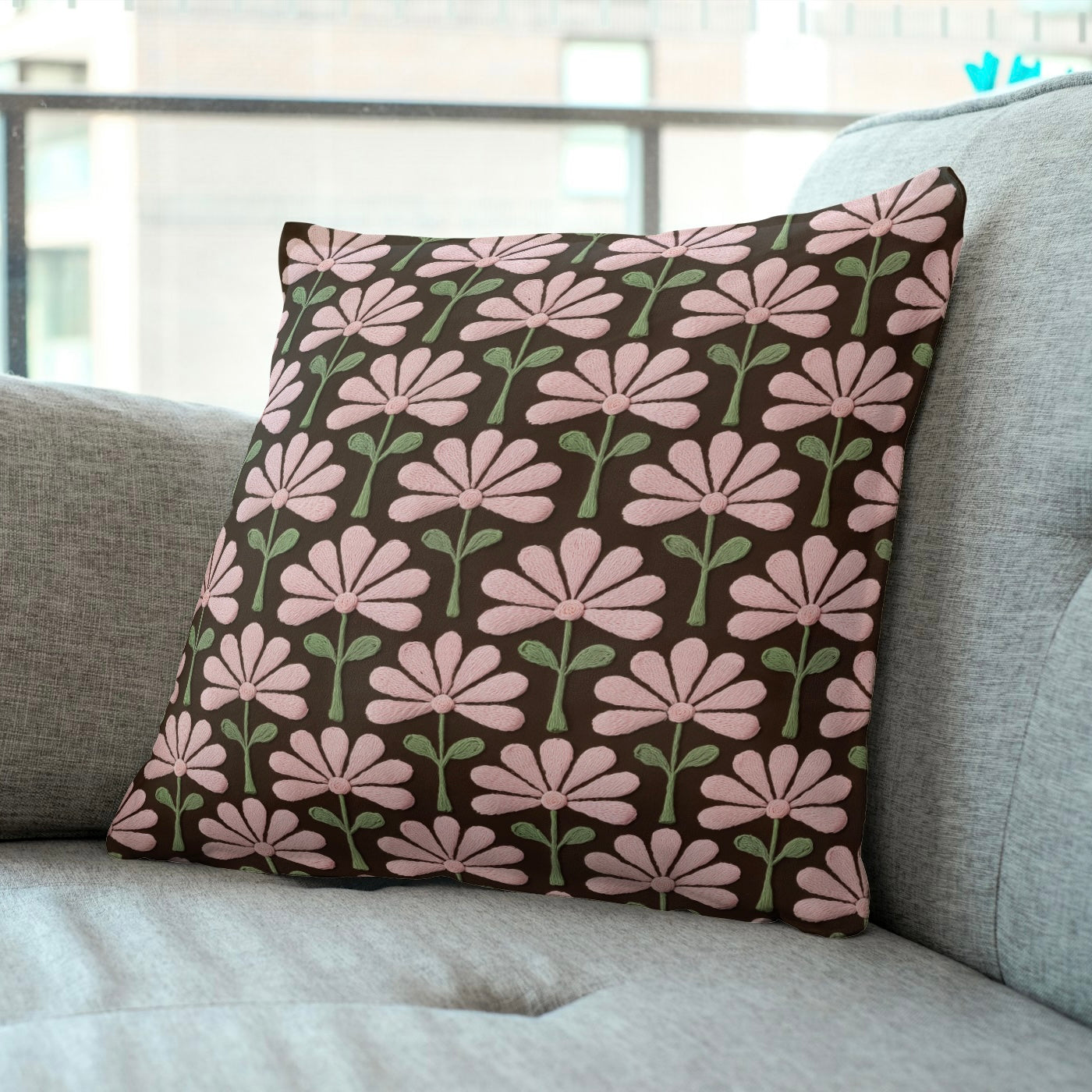FS080 Pink Flower Embroidery Effect Cotton Printed Fabric