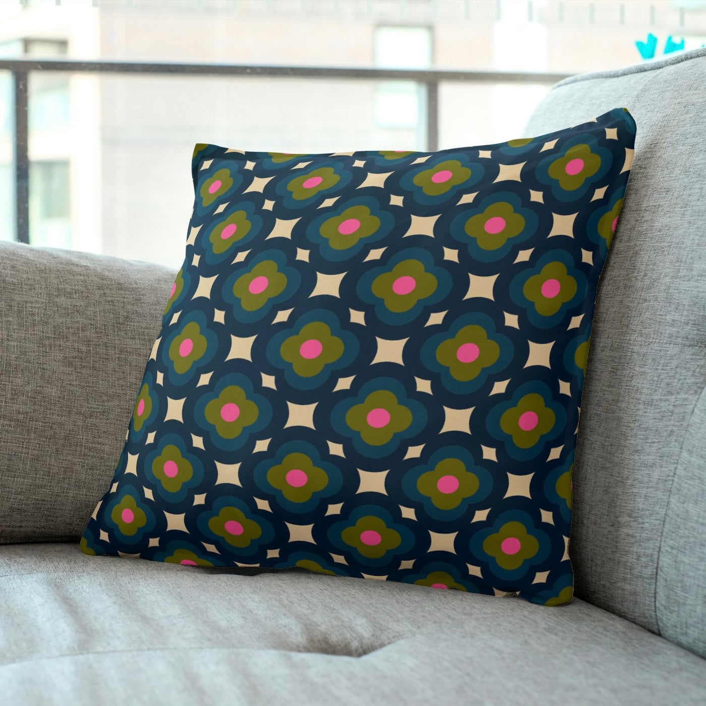 FS034 Navy on Beige Geometric Cotton Printed Fabric