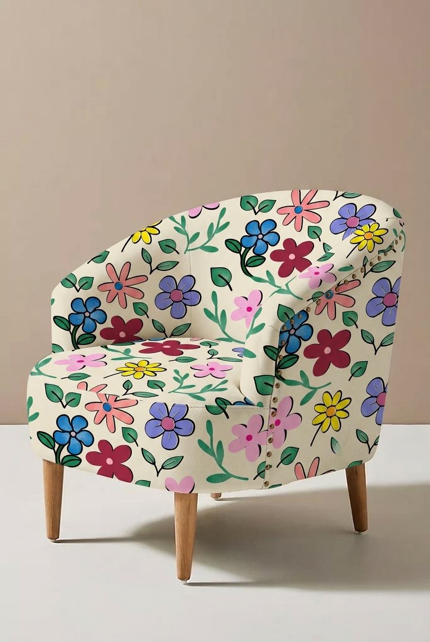Floral-patterned chair on a plain background