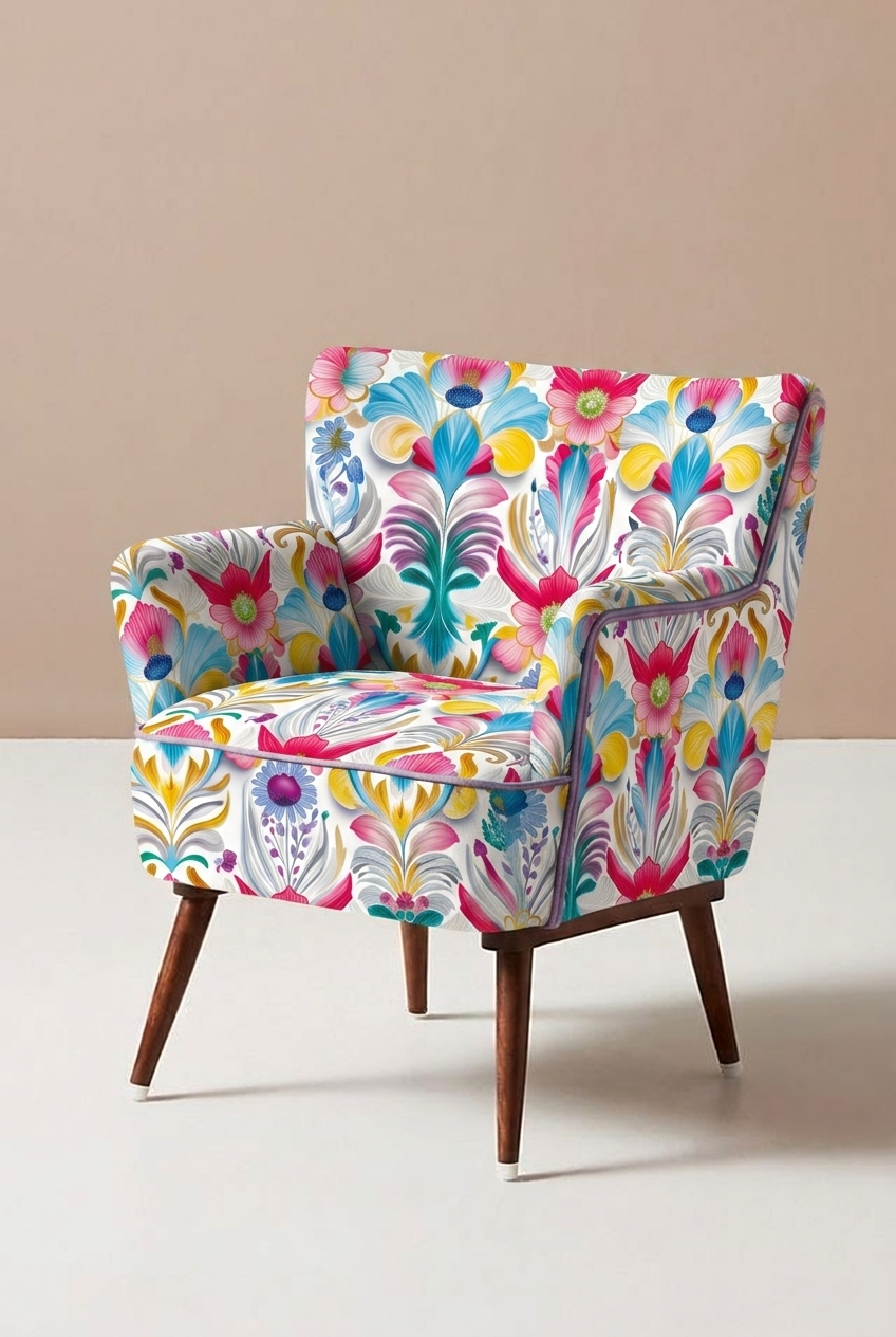 Colorful patterned armchair on a plain background