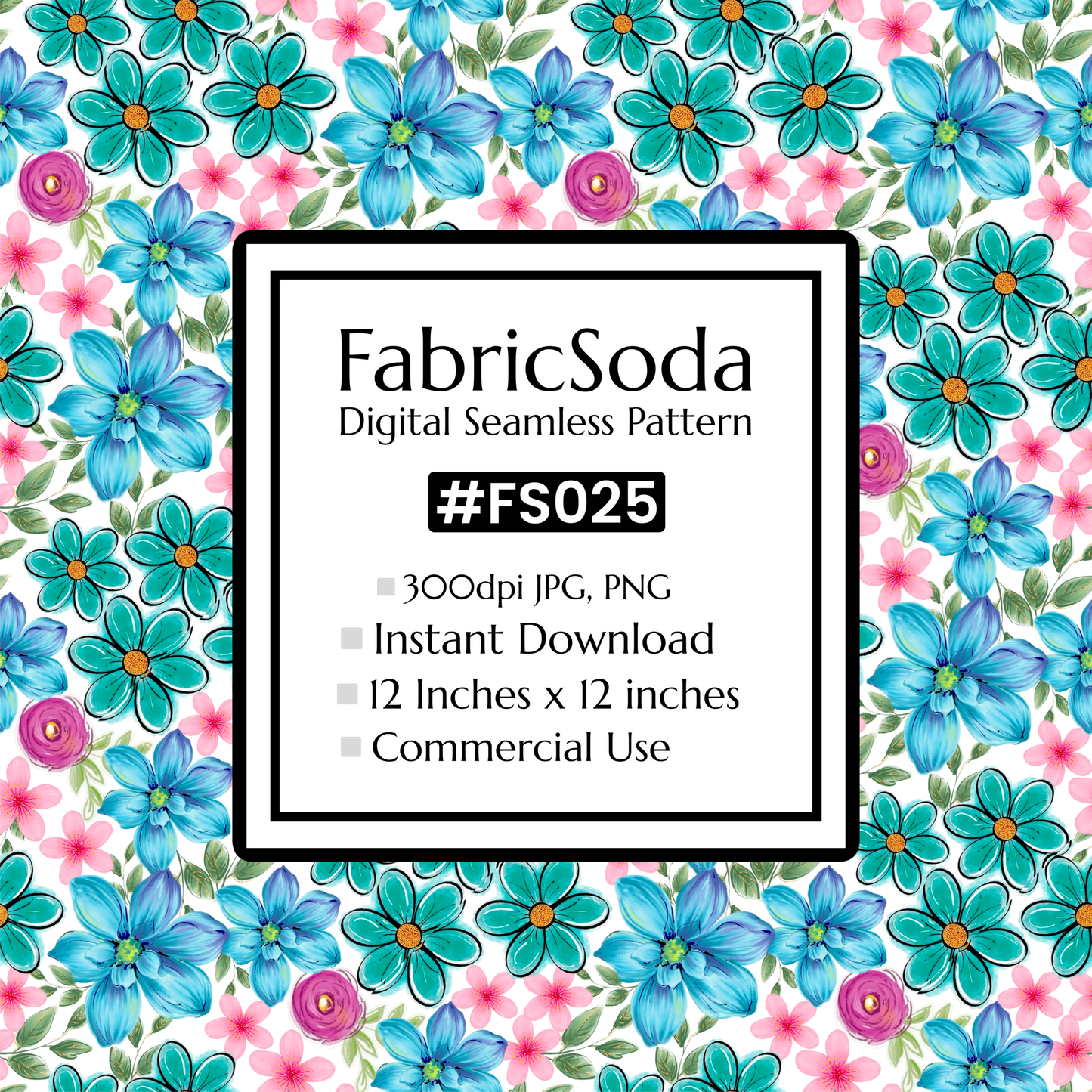 FS025 Blue Watercolour Floral Seamless Pattern JPG PNG