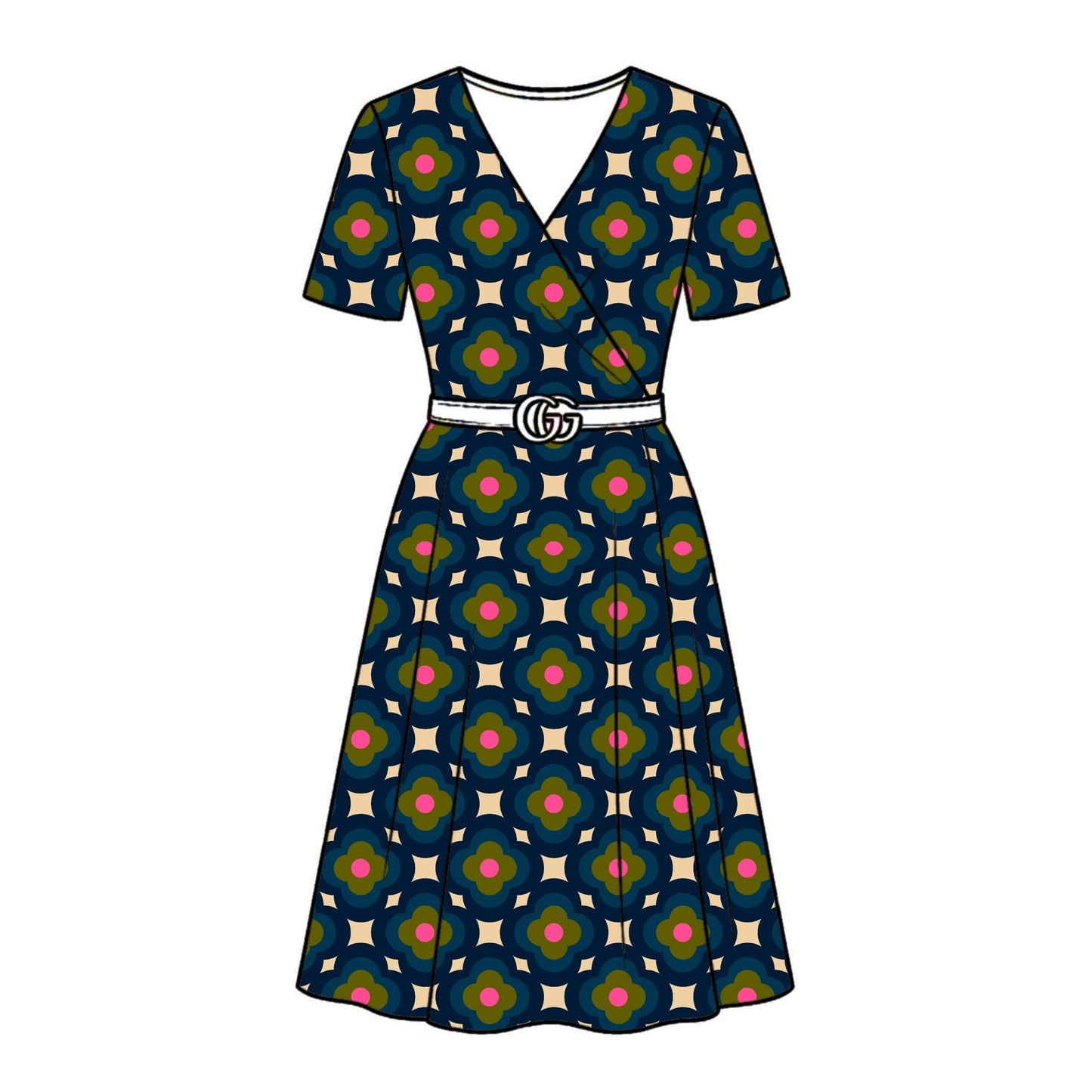 FS034 Navy on Beige Geometric Cotton Printed Fabric