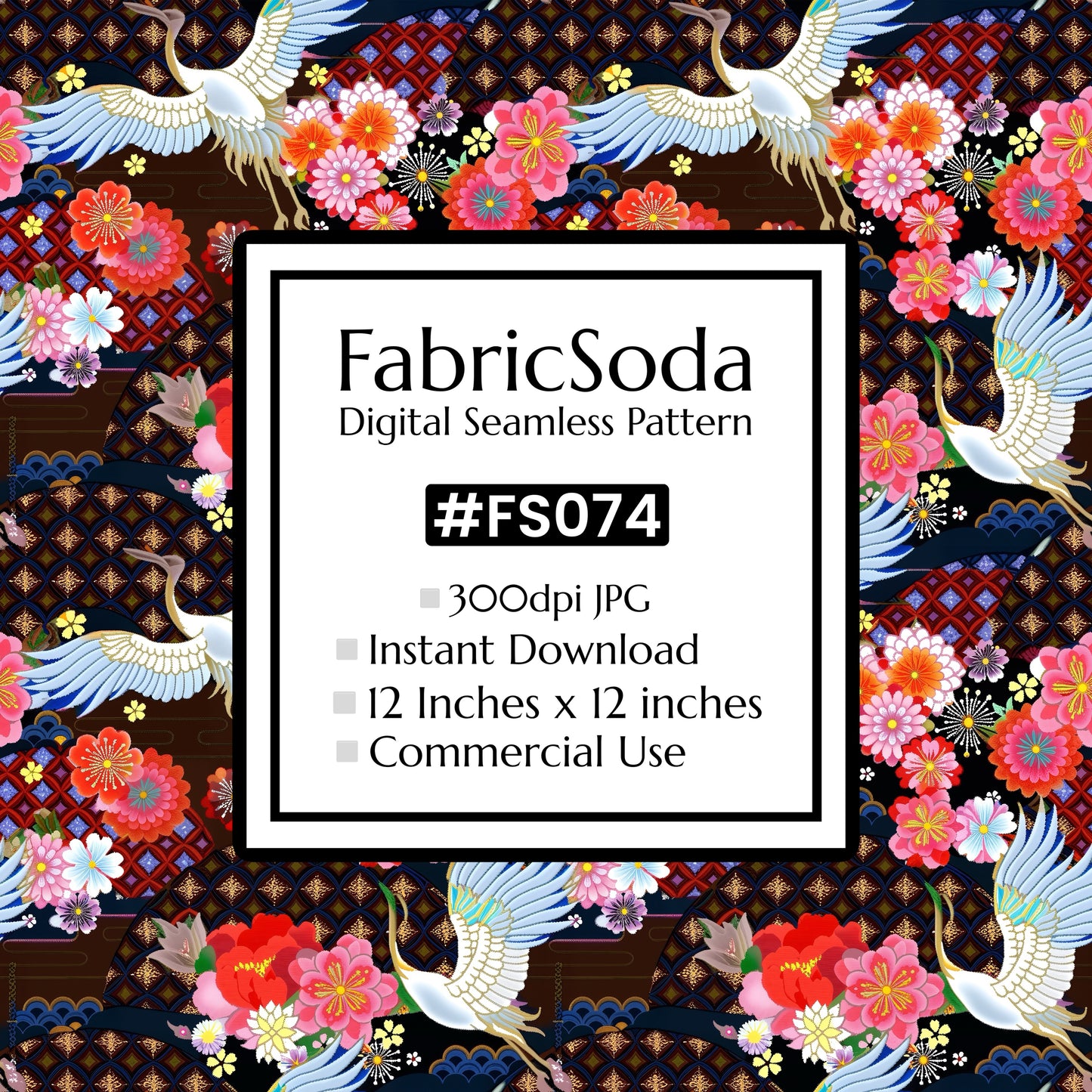 FS074 Japanese Style Crane Floral Seamless Pattern JPG
