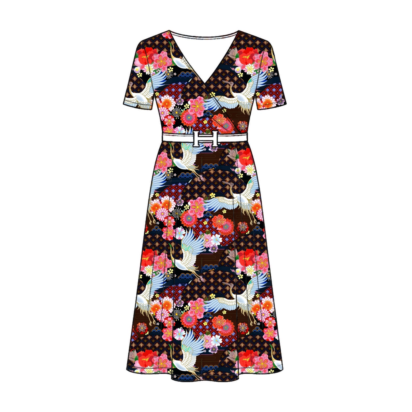 FS074 Japanese Style Crane Floral Cotton Printed Fabric