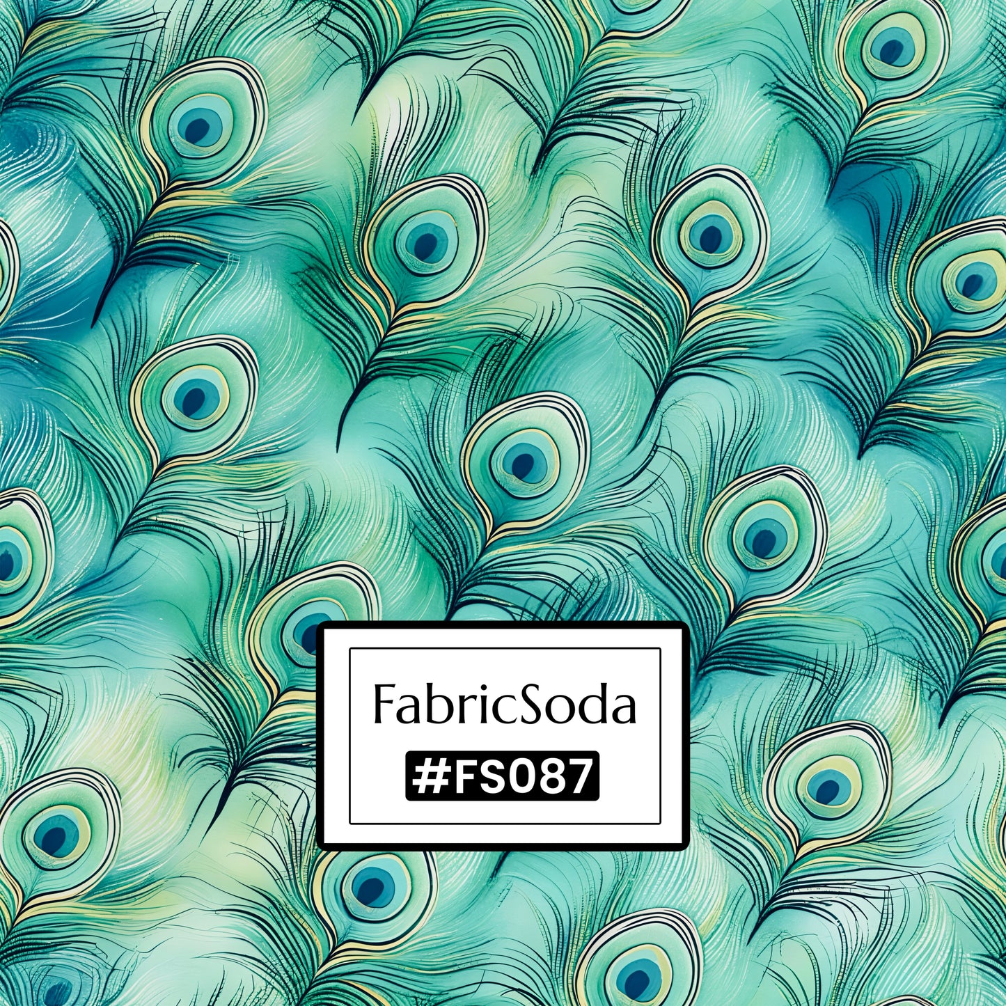 FS087 Soft Teal Peacock Feather Printed Fabric