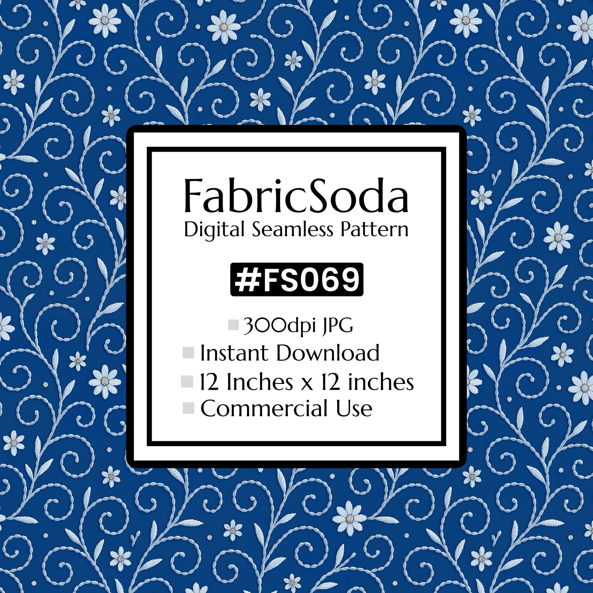 FS069 White Floral on Blue Seamless Pattern JPG