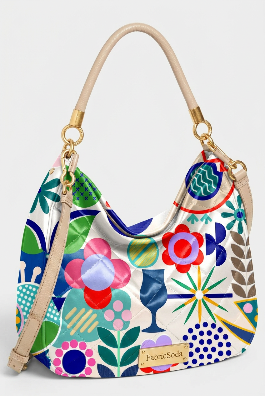 Colorful floral-patterned handbag with beige handle and strap on a light gray background