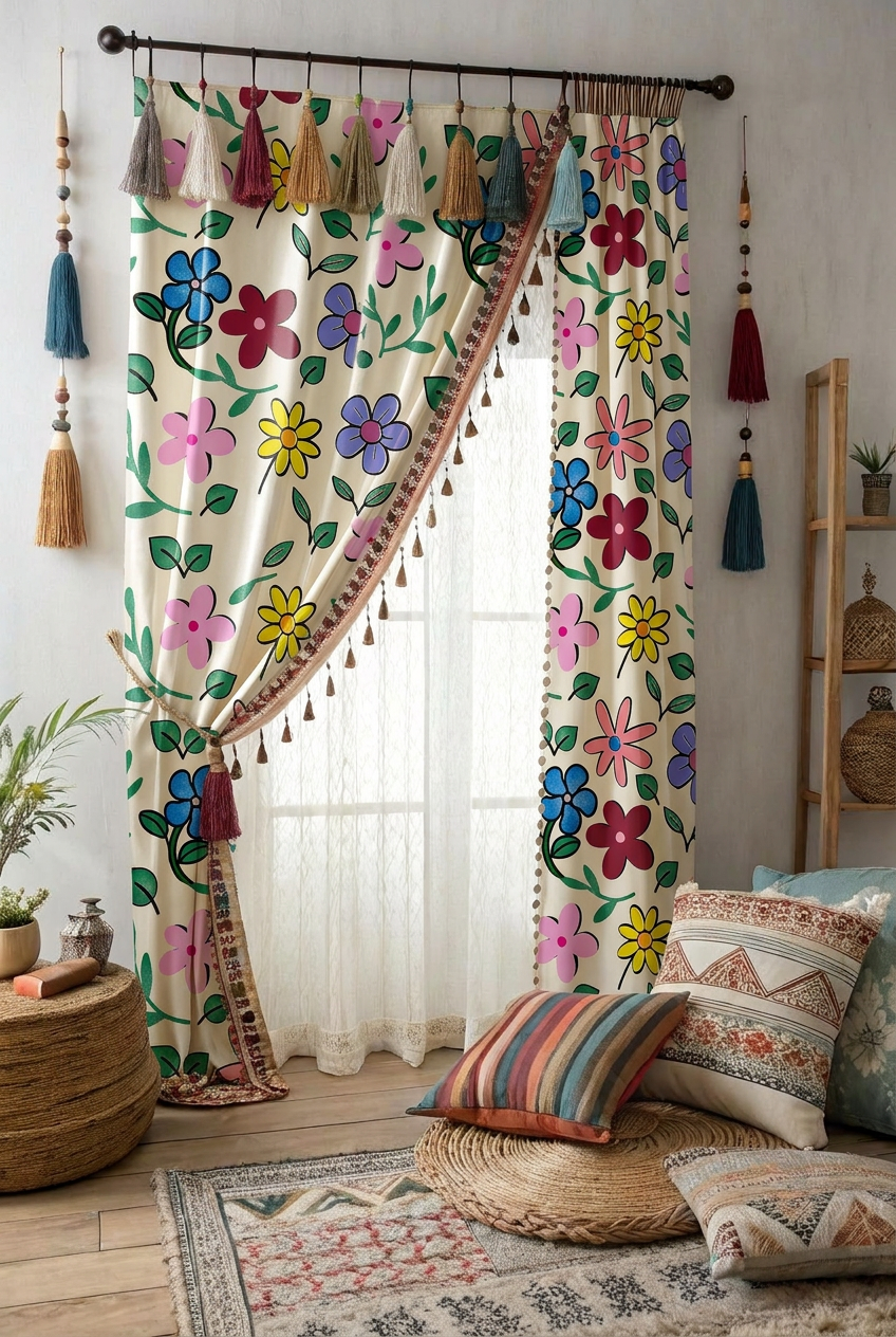 FS001 Beige Floral Fabric for curtain 