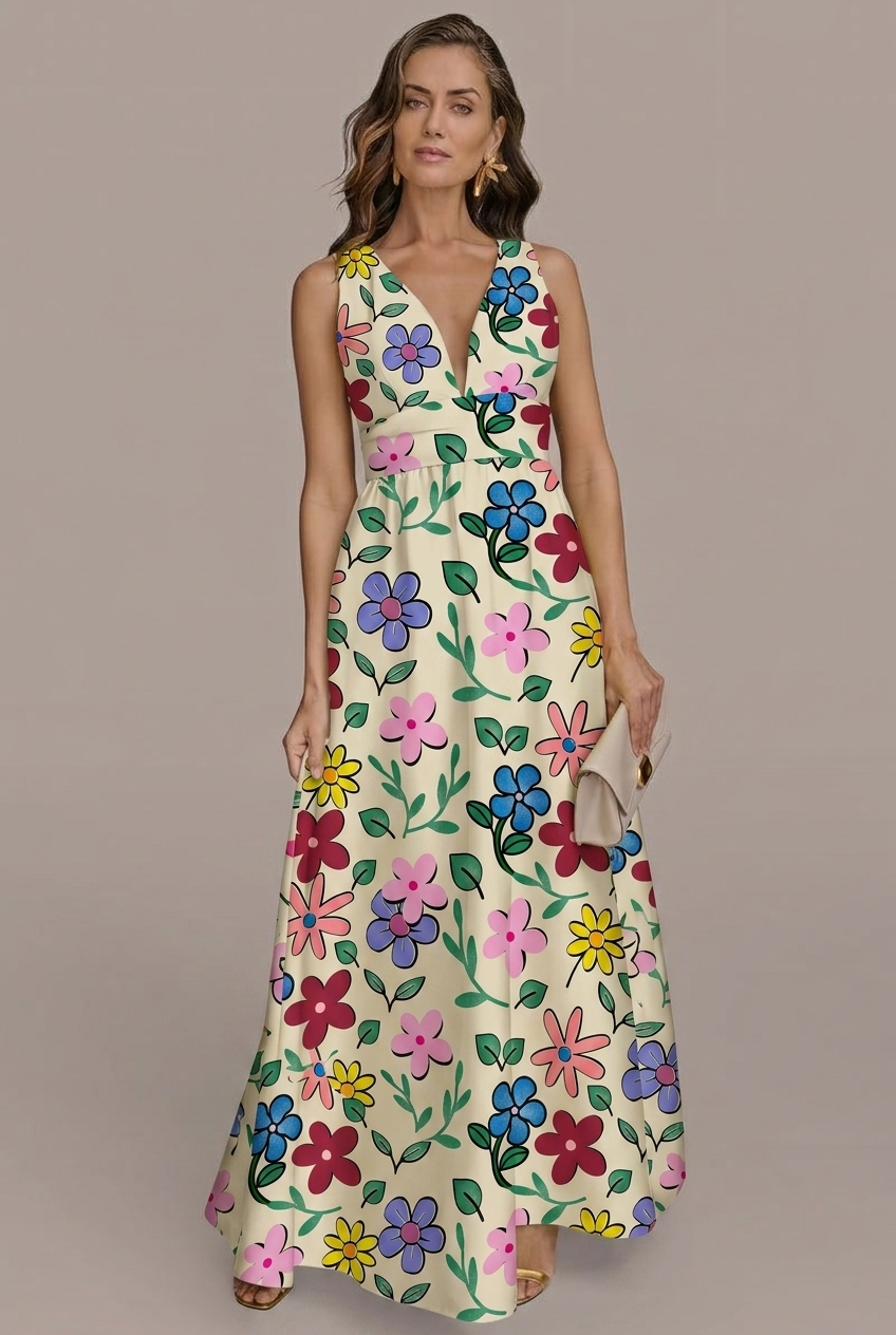 Woman wearing a floral dress with a beige background