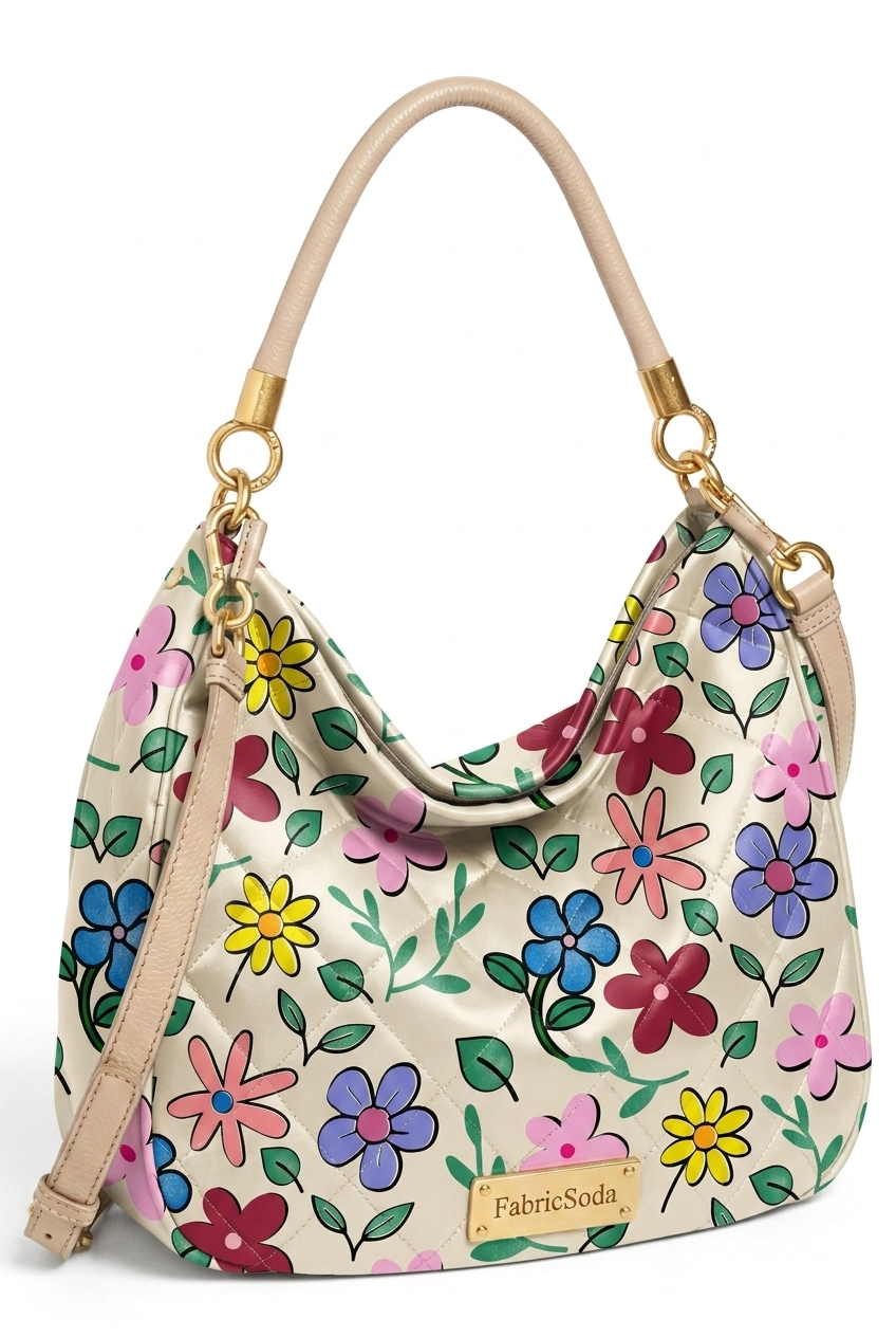 Floral-patterned handbag with a beige strap on a white background