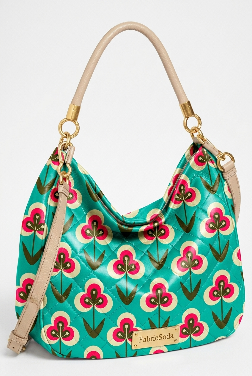 Handbag with floral pattern and beige strap on a white background