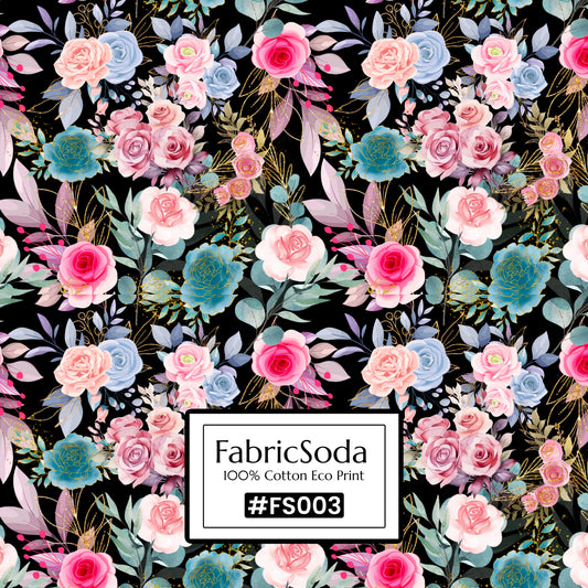 FS003 Watercolour Black Floral Printed Fabric