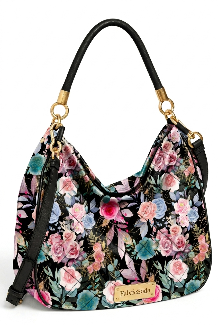 Floral patterned handbag with visible brand name on a white background