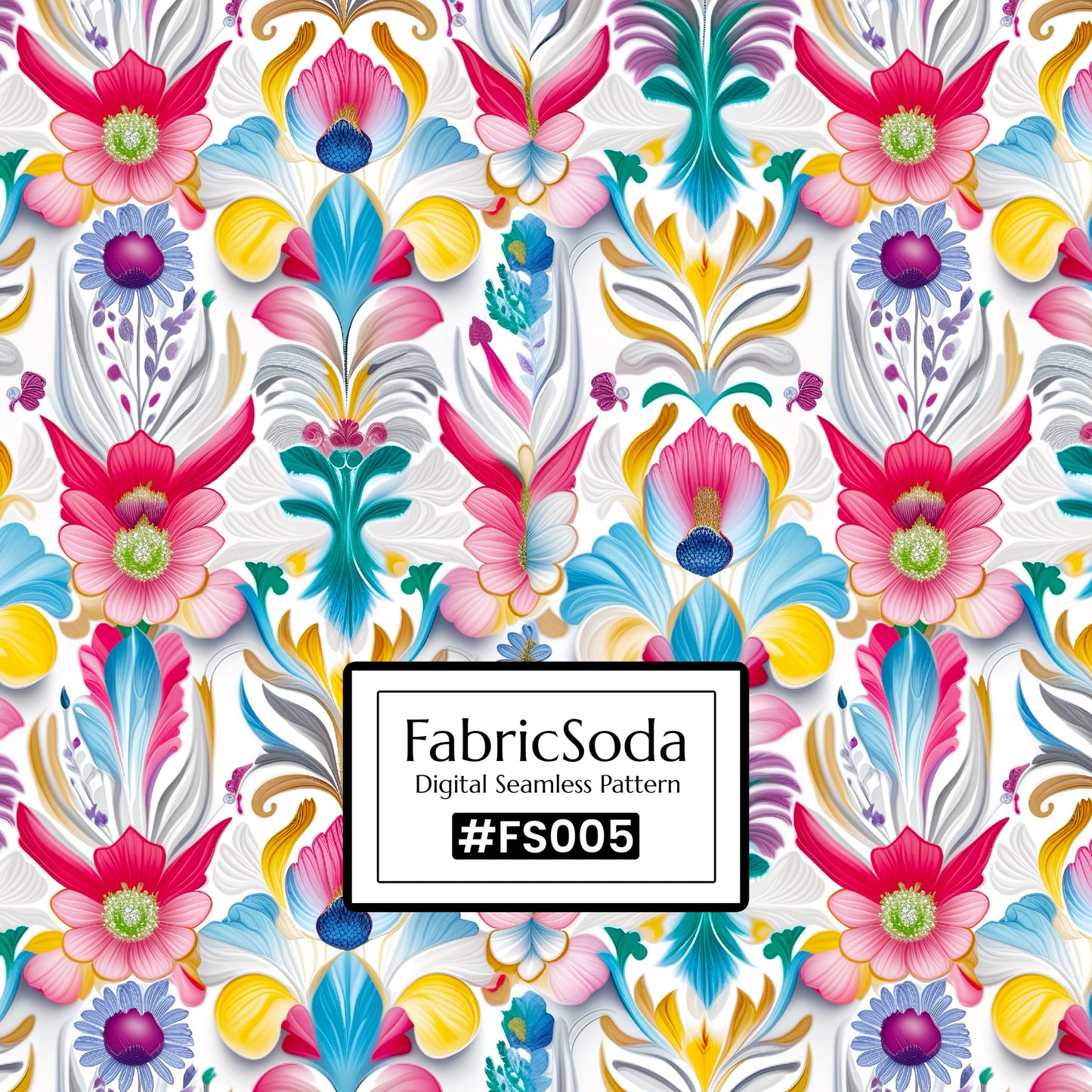 Colorful floral pattern with FabricSoda branding