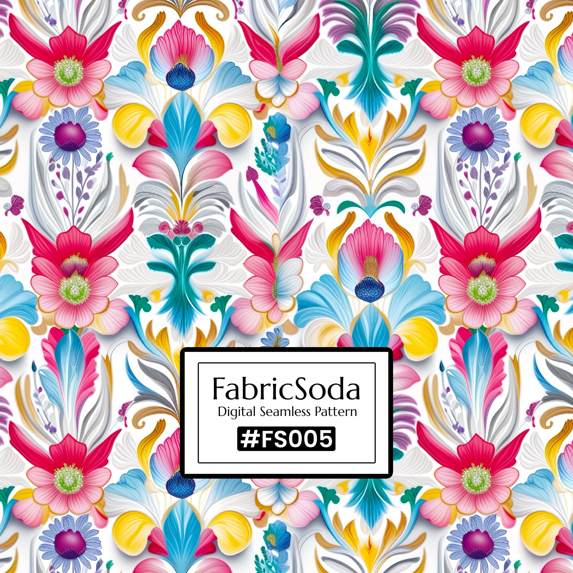 Colorful floral pattern with FabricSoda branding