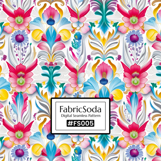 Colorful floral pattern with FabricSoda branding