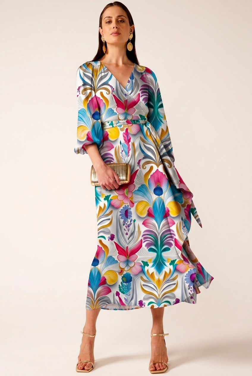Woman wearing a colorful patterned dress on a white background