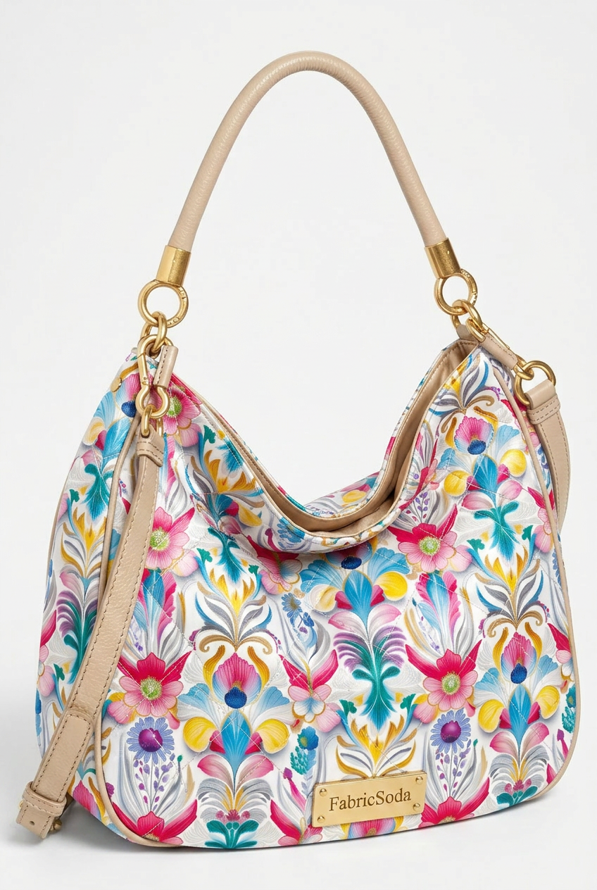 Floral patterned handbag with beige handle and strap on a white background