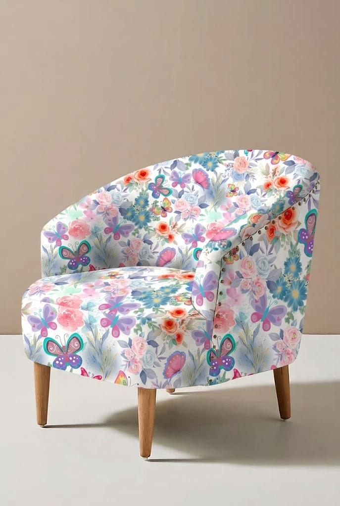 Floral and butterfly patterned chair on a plain background