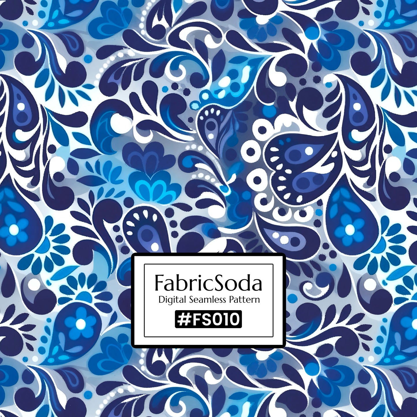 Blue and white floral paisley pattern with FabricSoda branding.