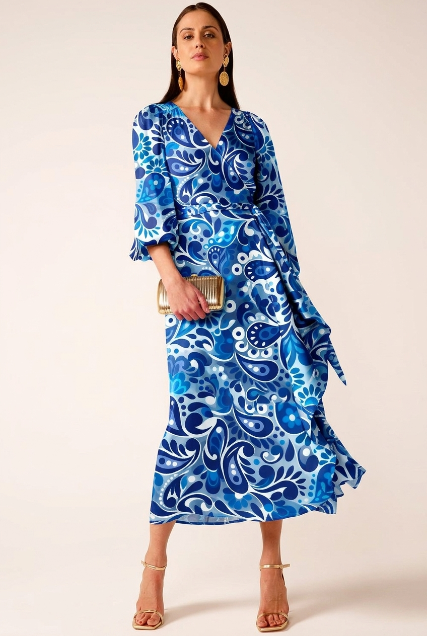 Woman wearing a blue paisley dress against a white background