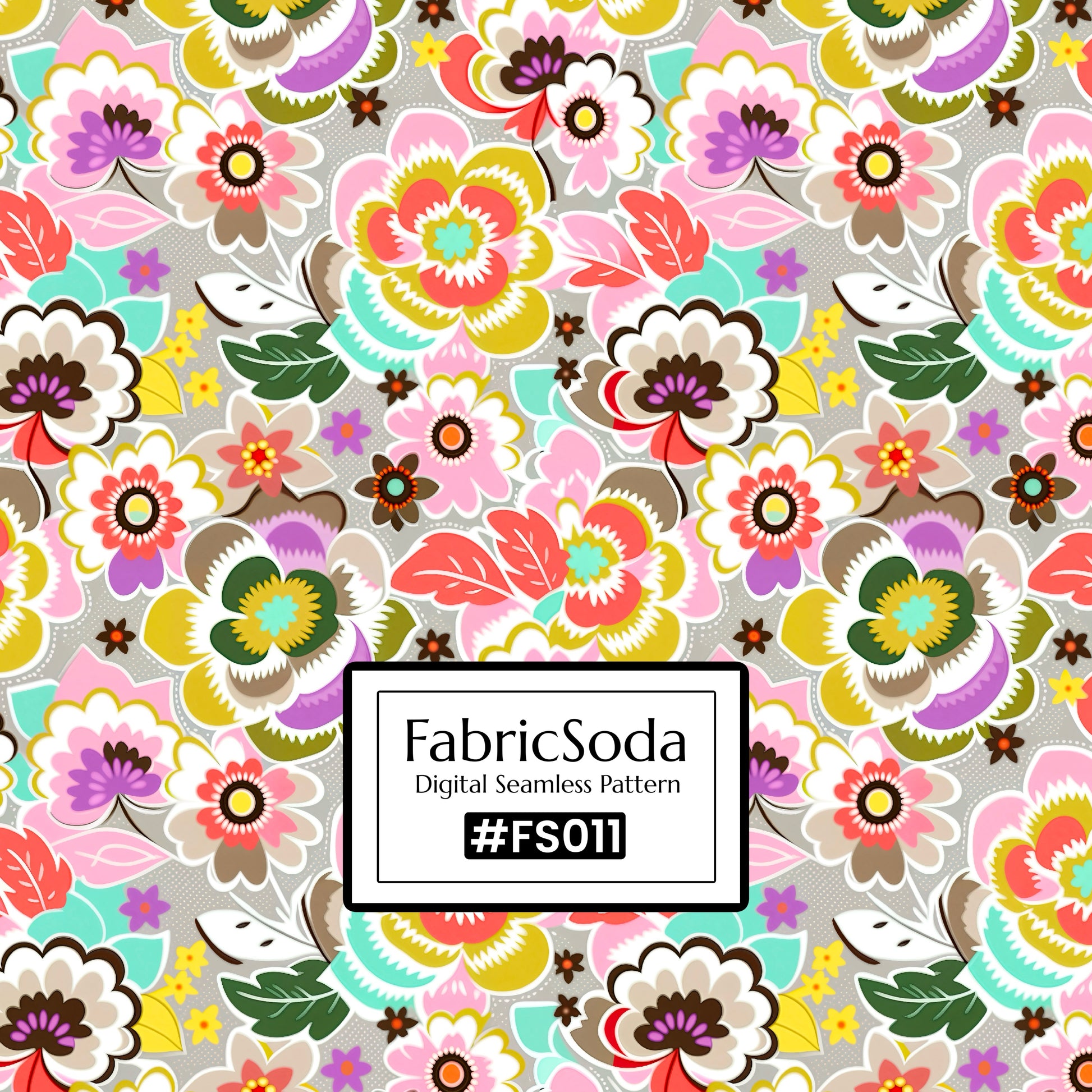 Colorful floral pattern with FabricSoda logo and hashtag