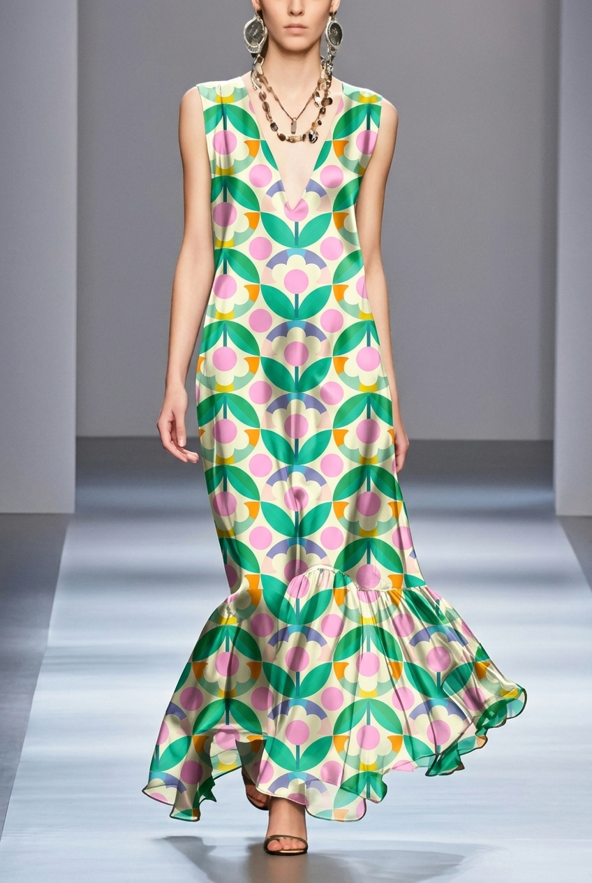 FS015 Green Geometric Floral Printed Fabric