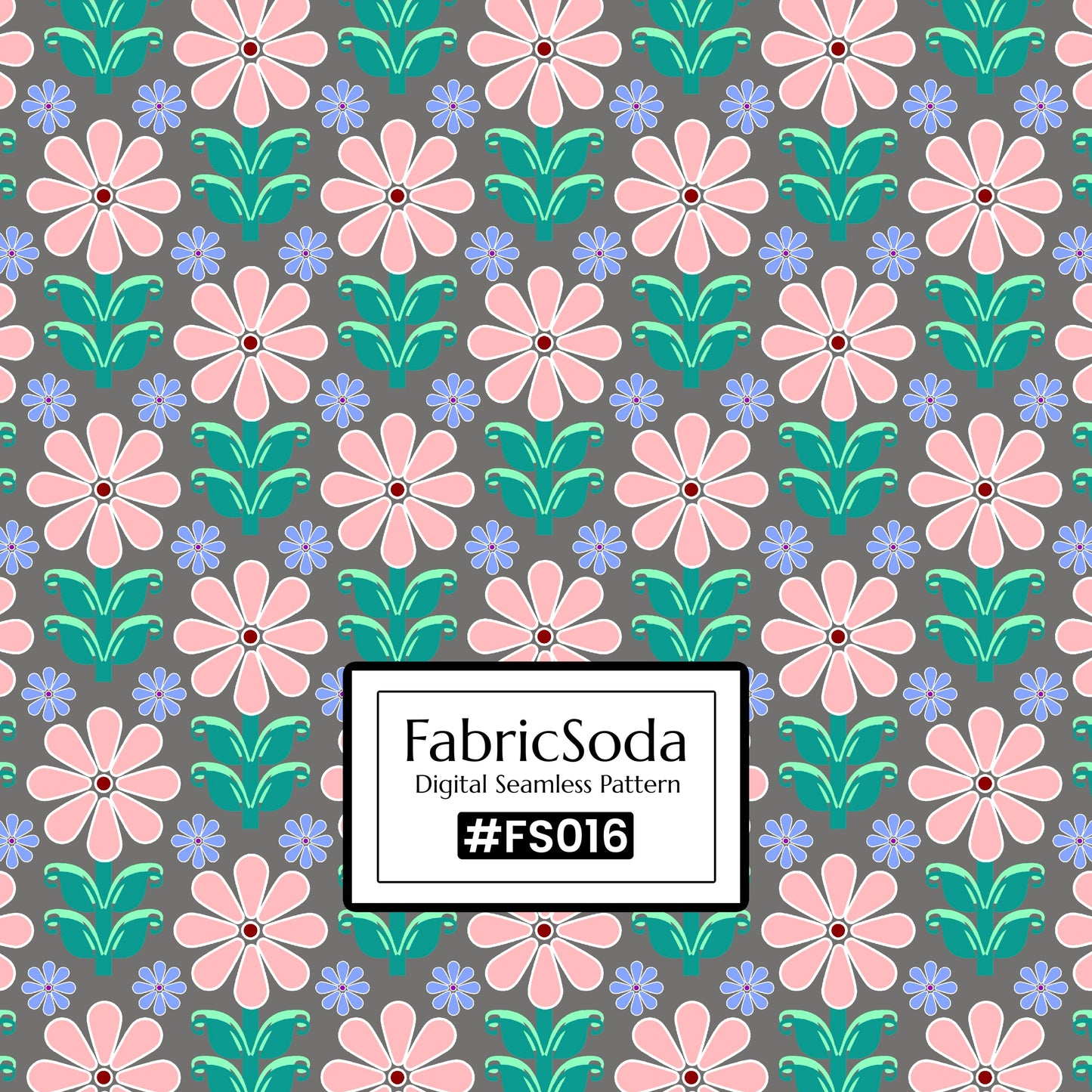 Floral pattern with pink flowers and green leaves on a gray background, featuring the FabricSoda logo.