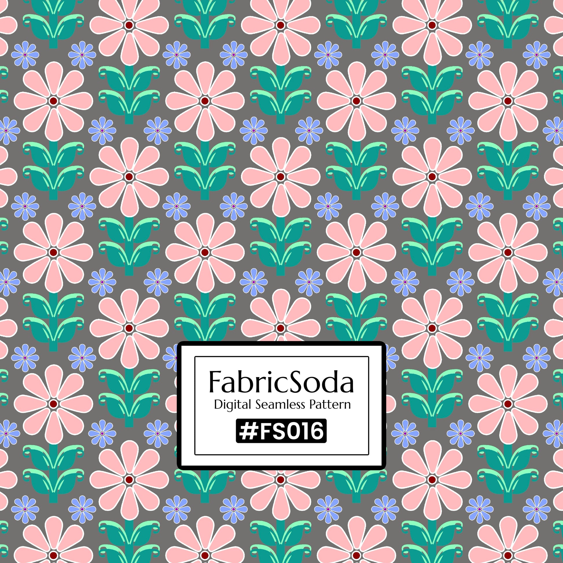 Floral pattern with pink flowers and green leaves on a gray background, featuring the FabricSoda logo.