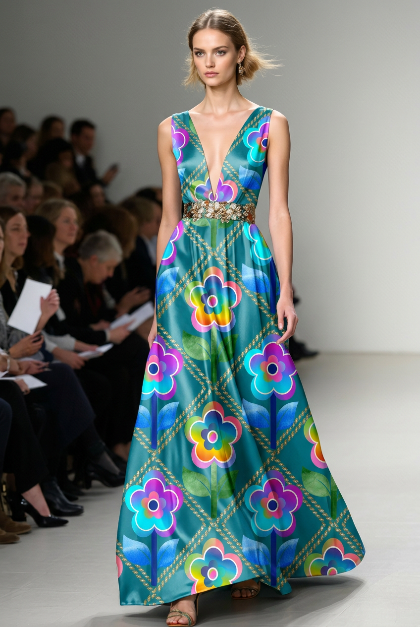 FS021 Green & Blue Watercolour Floral Printed Fabric