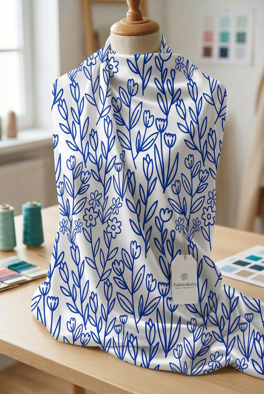 FS024 Blue Line Art Floral Fabric