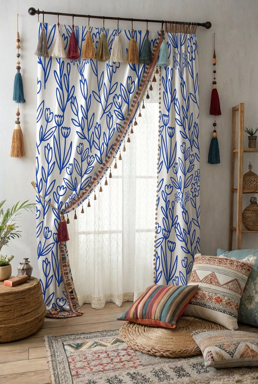 FS024 Blue Line Art Floral Fabric for curtain 