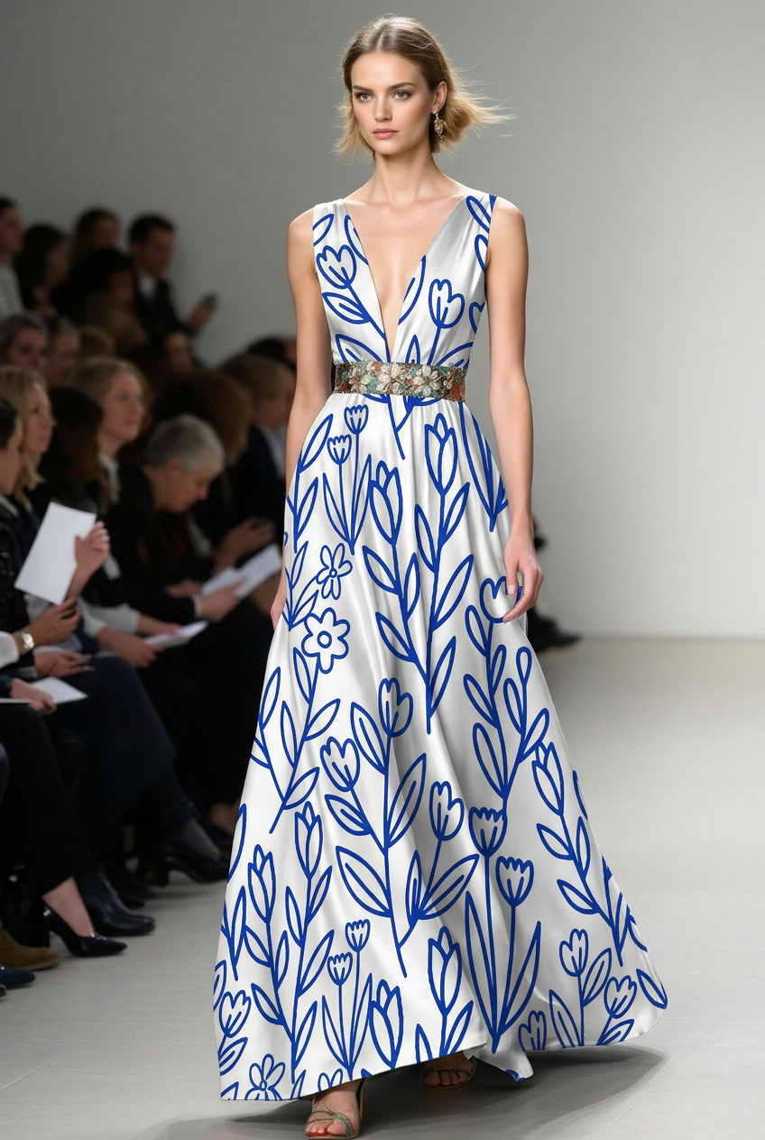 FS024 Blue Line Art Floral Fabric for dress