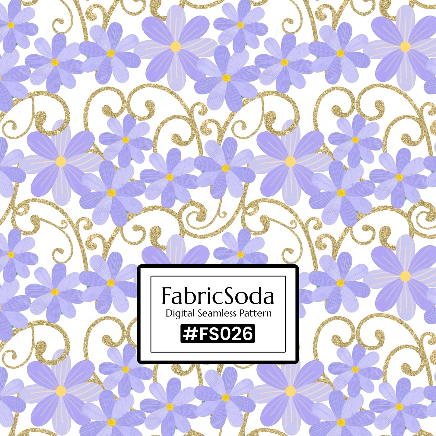 Pattern of purple flowers with gold swirls and FabricSoda branding.