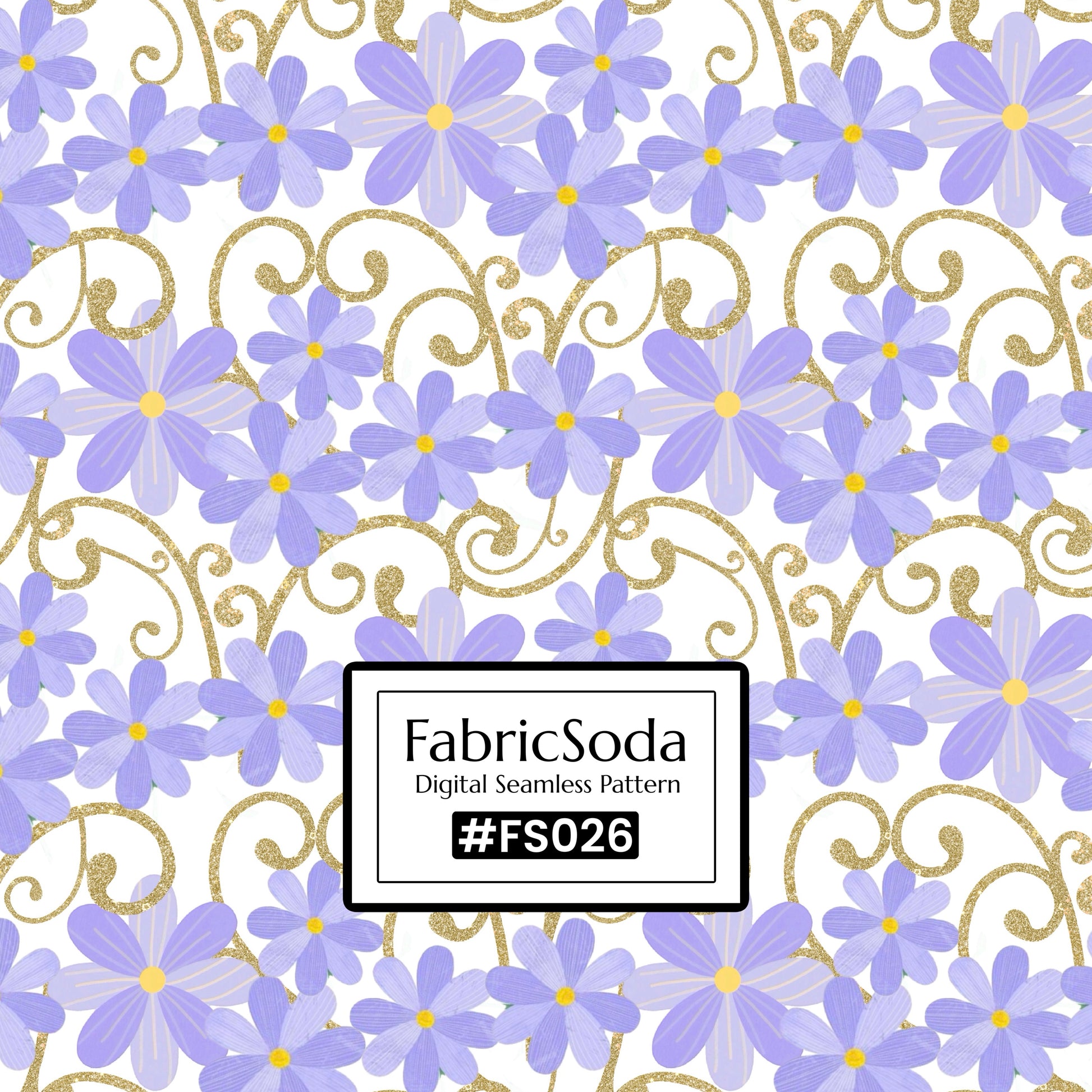 Pattern of purple flowers with gold swirls and FabricSoda branding.