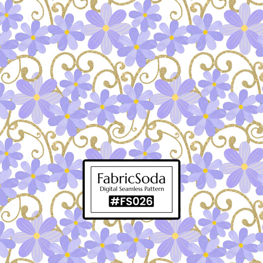 Pattern of purple flowers with gold swirls and FabricSoda branding.