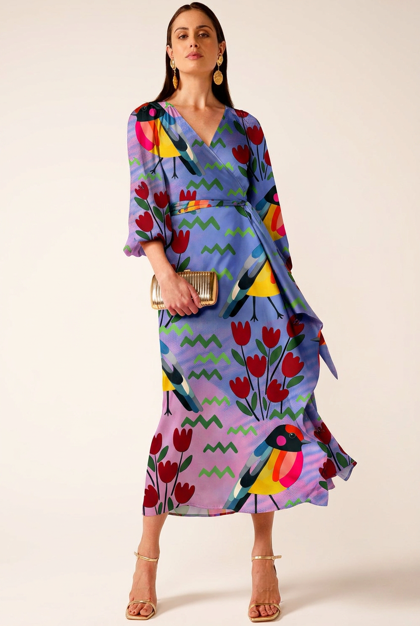 FS044 Purple Bird Floral Printed Fabric