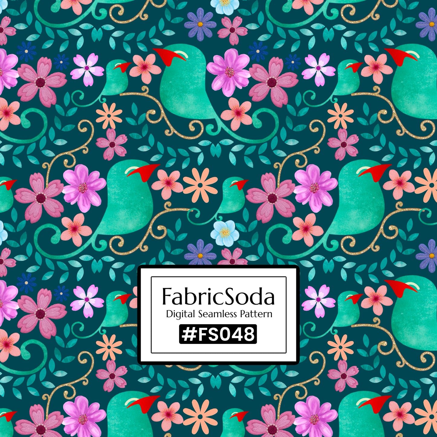 FS048 Green Bird Floral Printed Fabric